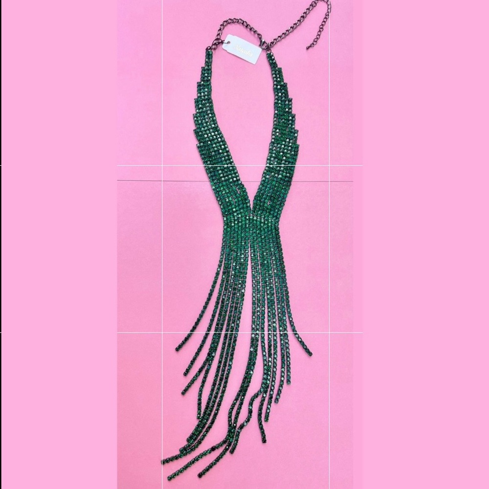 NWT NATASHA Crystal Rhinestone Waterfall Necklace Emerald Green